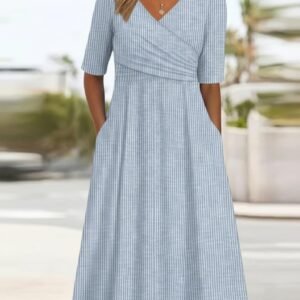 OSCORP Womens Maxi Dress V Neck Pleated Wrap Front Short Sleeve Casual Summer Dress with Pockets