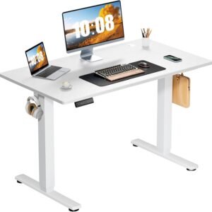 Sweetcrispy Electric Standing Desk Adjustable Height, 40×24 Inch Sit Stand Up Home Office Desks Computer Workstation PC Work Table with 3 Memory Preset Splice Wood Board Metal Frame, White