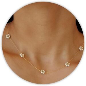 SmileBelle Pearl Necklaces, Daisy Pearls Choker for Women’s Pearl Strand Necklaces as Silver and Gold Choker for Teens, Silver Daisy Birthday Gifts 3 Pearls White Necklace as Prom Bridesmaid gifts