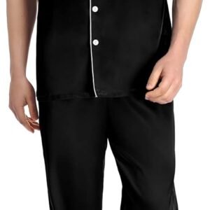 SWOMOG Mens Satin Pajama Set Short Sleeve Classic Sleepwear Button Down Silky Loungewear with Long Pants
