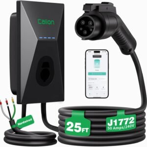 Calion Level 2 EV Charger-EV Wall-Mount Charger with 25FT Cable-Electric Vehicle Charging Station for J1772 EVs,50Amp,240V WiFi Electric Vehicle Charging Station,Hardwired for Electric Car