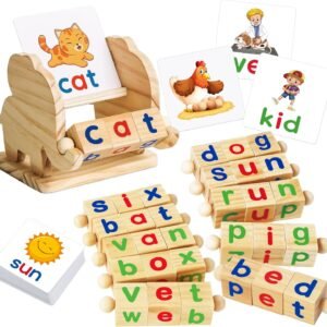 ShyLizard Montessori Learning and Educational Toys Gifts for Kids 3 4 5 Years, Wooden Reading Blocks Toys, Learning Activities for Preschool Kindergarten, Turning Rotating Matching Flash Card Games