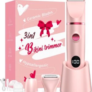 Bikini Trimmer for Women, 3-in-1 Electric Razors for Women, IPX7 Waterproof Rechargeable Cordless Pubic Hair Shaver, with LED Display, for Ladies Bikini Pubic, Face, Underarms, Legs(Pink)