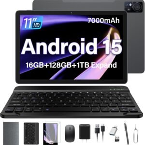 11 Inch-Android 15 Tablet 2026 Latest Update 16GB RAM 128GB ROM 1TB Expandion 5G WiFi Cellular 21MP Dual Camera Octa-core MTK8786.Gemini AI 2.0.Tablets with Keyboard,Mouse,protective film,Case-Gray