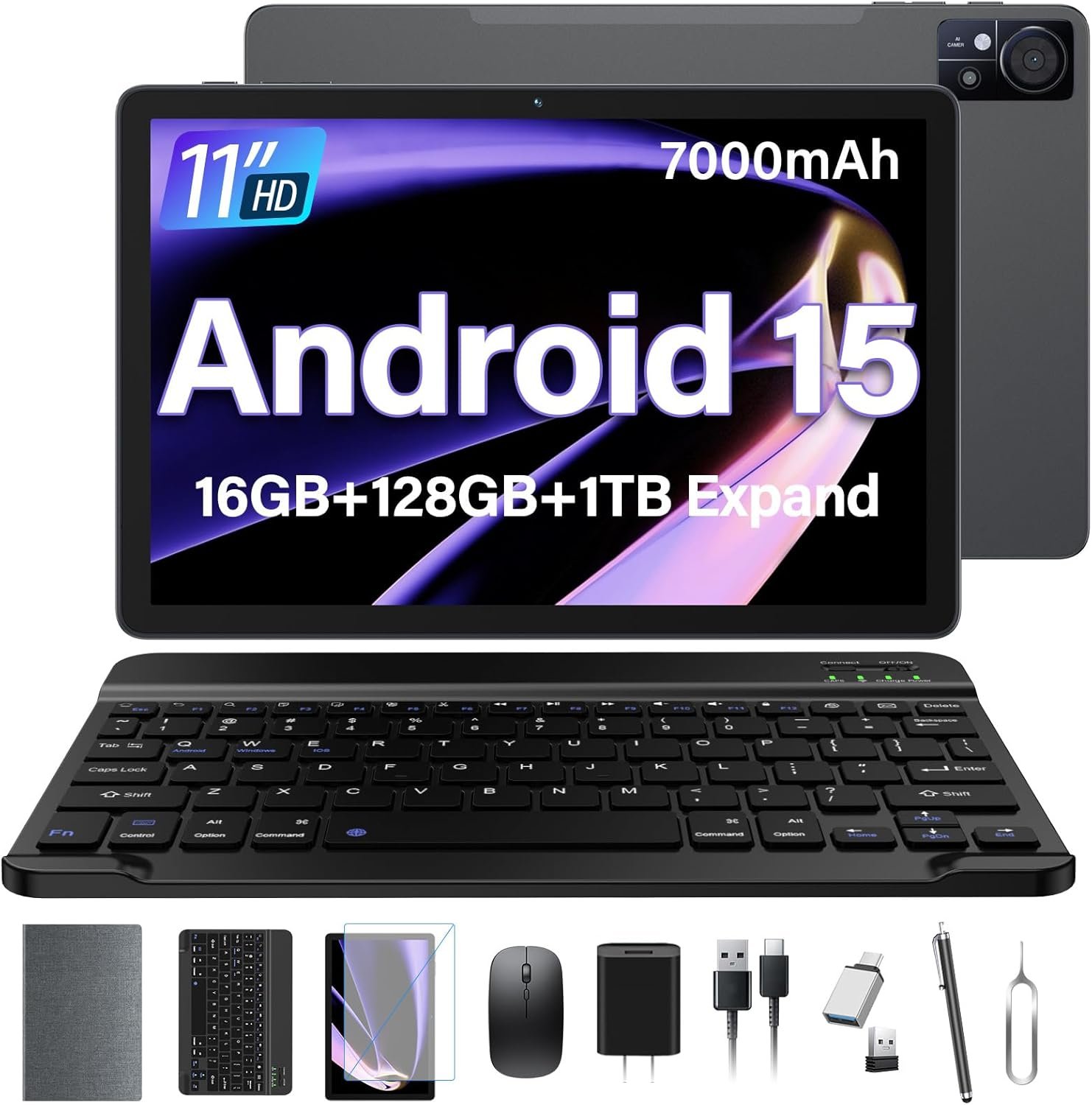 11 Inch-Android 15 Tablet 2026 Latest Update 16GB RAM 128GB ROM 1TB Expandion 5G WiFi Cellular 21MP Dual Camera Octa-core MTK8786.Gemini AI 2.0.Tablets with Keyboard,Mouse,protective film,Case-Gray