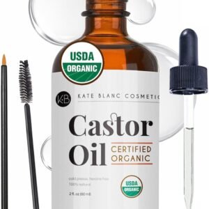 Kate Blanc Cosmetics Castor Oil Organic for Hair, Lashes, Face (2oz), 100% Pure, Cold Pressed, Hexane Free Hair Oil. Lash Serum for Thicker-Looking Eyelashes & Eyebrows