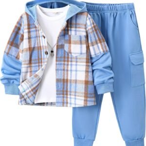 2Pcs Kids Boys Flannel Plaid Shirt Tops Pants Set Hoodie Sweatsuit for Fall Winter Spring Outfits 4-12 Years