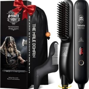 Heated Ionic Hair Straightening Brush for Men – 5 Temperature Settings, Anti-Scald, Beard Shaper & Travel Bag