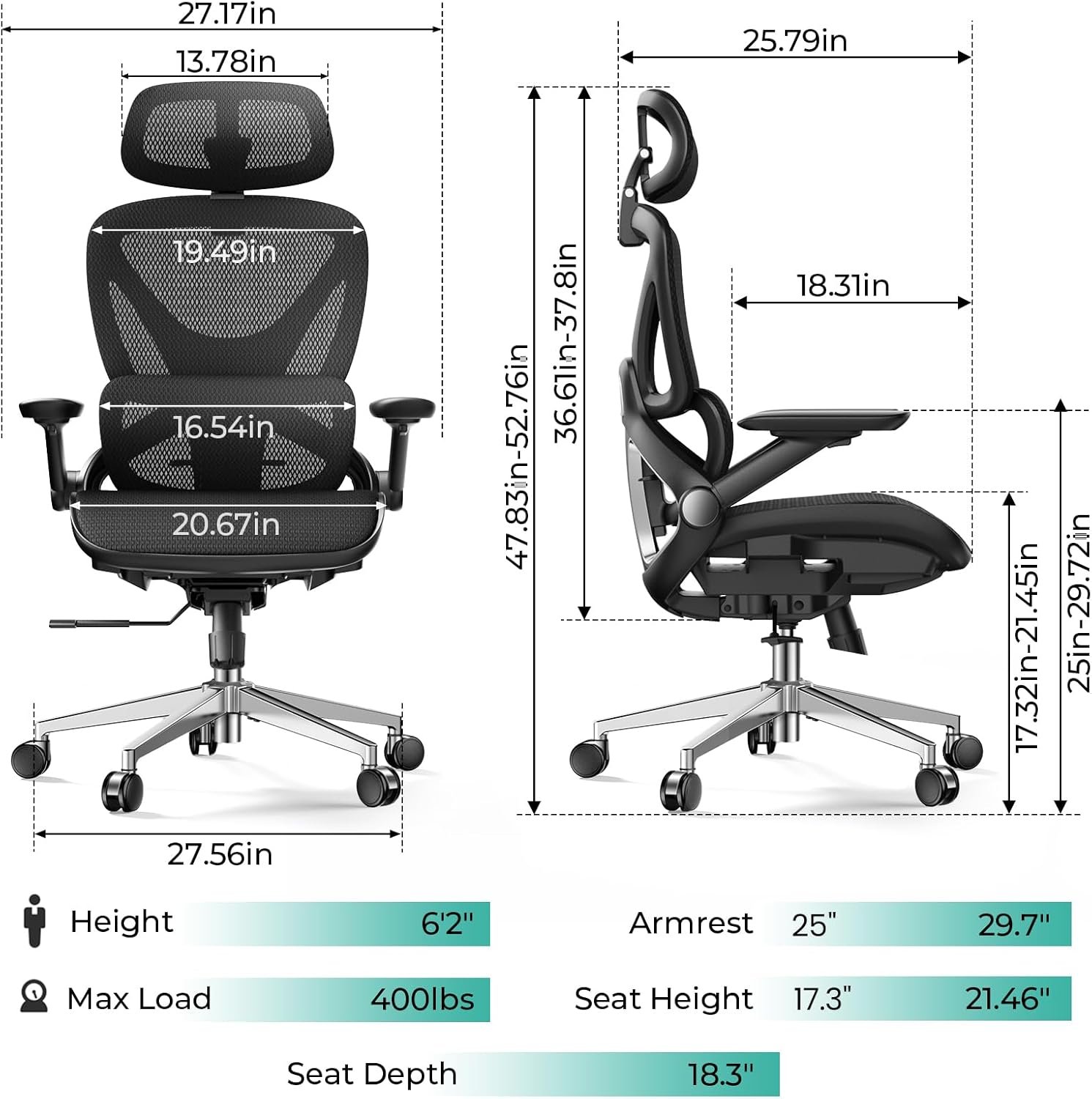 CAPOT Ergonomic Mesh Office Chair, Adjustable Lumbar High Back Desk Chair 400lbs, 4D Flip-up Arms, 3-Level Tilt Backrest, 3D Headrest, PU Wheels, Swivel Rolling Computer Seating for Long Desk Work - Image 2