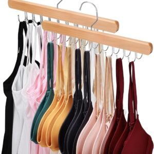 NECAMOCU 2 Pack Bra Hanger for Closet Organizer, Premium Wooden Tank Top Hangers with 36 Foldable Hooks, 360° Rotating Design, Space Saving Storage for Tank Tops, Bras, Scarves and More