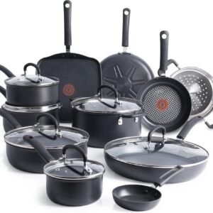 T-Fal Ultimate Hard Anodized Nonstick Pots and Pans Set 17 Piece, Nonstick Cookware Set with Fry Pan, Saucepans, Saute-Pan, Griddle, Dishwasher Safe, Onyx