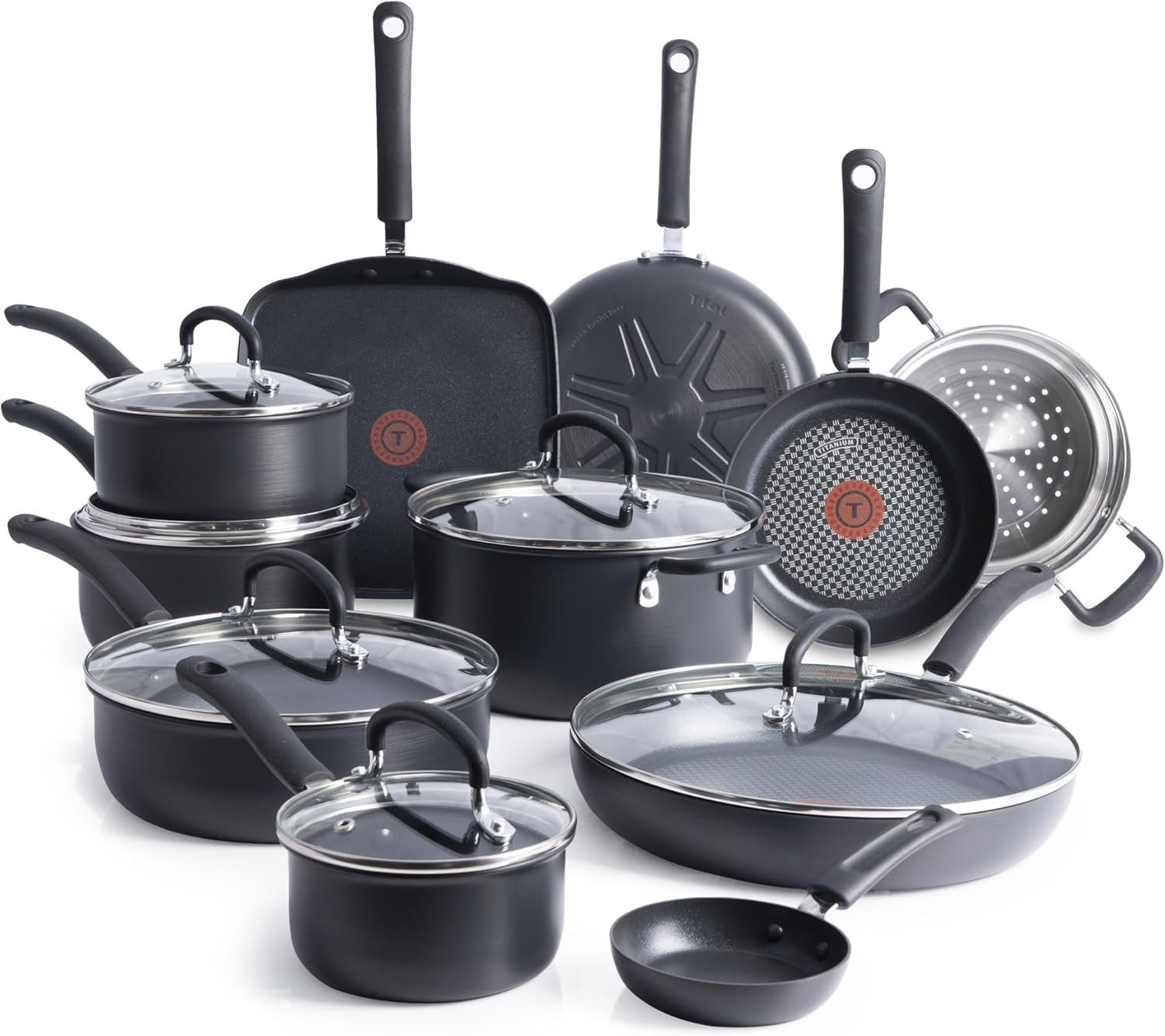 T-Fal Ultimate Hard Anodized Nonstick Pots and Pans Set 17 Piece, Nonstick Cookware Set with Fry Pan, Saucepans, Saute-Pan, Griddle, Dishwasher Safe, Onyx