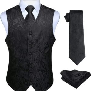 HISDERN Mens Vest Tie Set 3PC Formal Waistcoat Paisley Floral Jacquard Necktie Pocket Square Suit Vests Wedding Party