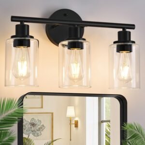 Zarbitta 3-Light Bathroom Light Fixtures, 17.23″ Black Modern Vanity Lights with Clear Glass Shade, Bathroom Wall Lamp for Mirror Kitchen Living Room Hallway Cabinet Porch