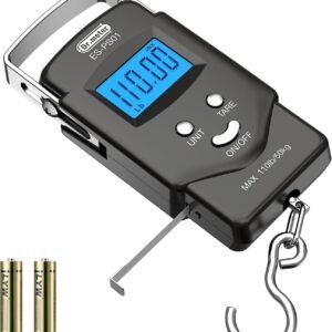 Dr.meter Fish Scale Luggage Scale Fishing Gear – 110lb Backlit LCD Display Digital Scale with Built-in Measuring Tape – Fishing Scale with 2 AAA Batteries, Pocket Size – Fishing Gifts for Men
