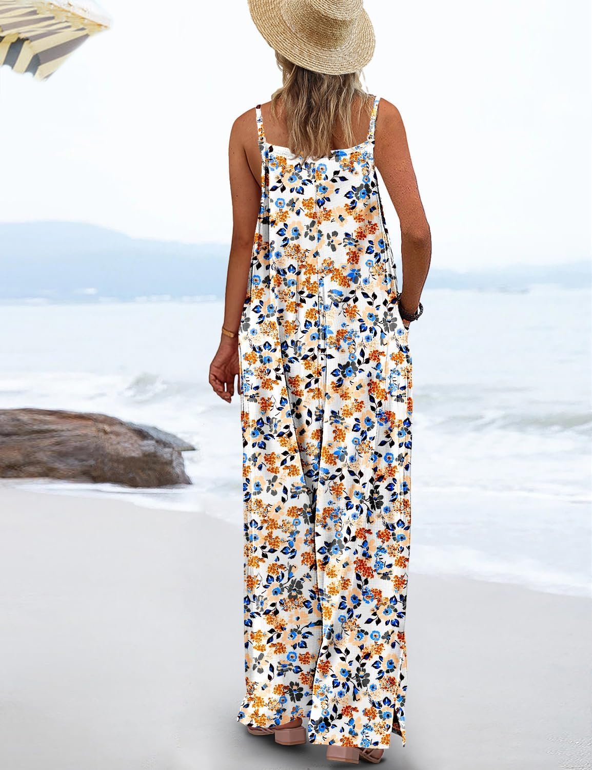 YESNO Women's Summer Boho Cotton Casual Jumpsuits Wide Leg Overalls Floral Print Baggy Rompers with Pockets PZZCR - Image 3