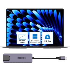 GEEKOM GeekBook X14 Pro Laptop, 2.2lbs Ultra Thin 14″ 2.8K OLED Laptop Computer, Ultra 9 185H, 32GB LPDDR5x 7500MHz RAM 2TB SSD, Up to 16 Hour, 2X USB4, Fingerprint, Hub, Copilot, Windows 11 Pro