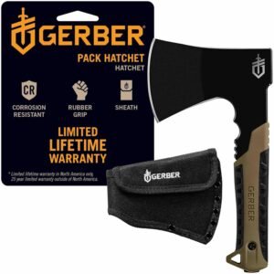 Gerber Gear Pack Hatchet – 3.5″ Steel Blade Axe with Full Tang – Survival, Bushcraft and Camping Gear – with Mountable Nylon Sheath – Brown