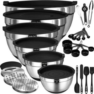Thickened Heavy-Duty 26pcs Stainless Steel Bowl, Mixing Bowl Set with Lid, Grater Attachment, Non-Slip Bottom and Kitchen Gadget Set, Sizes 7, 4, 2.5, 2.0, 1.5, 1QT, Ideal for Mixing and Serving