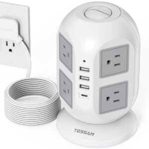 TESSAN Tower Surge Protector Power Strip 10 ft, Long Flat Extension Cord with Multiple Outlets, 8 AC Outlets with 4 USB Ports (1 USB C), Charging Station with Surge Protection, for Home Office Dorm