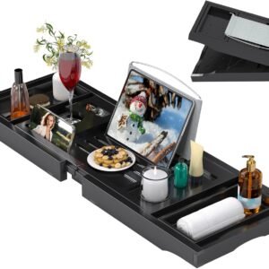 Bathtub Caddy Tray for Tub,Foldable Bath Table Trays,Bamboo Shelf with Book and Wine Glass Holder,Bathroom Accessories Suitable for Luxury Spa or Reading,Black