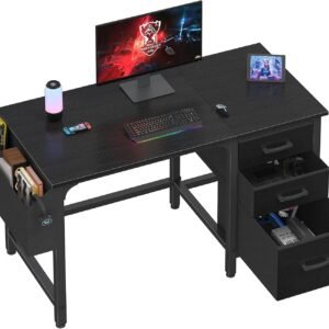 Lufeiya Computer Desk with File Drawers Cabinet, 47 Inch Reversible Home Office Desks with Filing Cabinet for Small Space, Gaming Study Writing Table PC Desks, Black