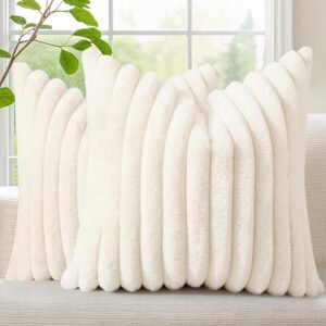 decorUhome Summer Cozy Faux Fur Throw Pillow Covers 18×18 Set of 2 Decorative Soft Plush Striped Modern Farmhouse Boho Couch Pillow Cases with Velvet Back for Sofa Bed Living Room, Cream White