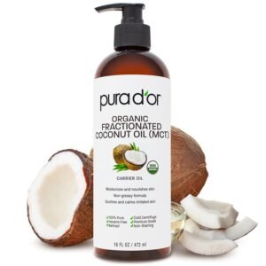 PURA D’OR 16 Oz ORGANIC Fractionated Coconut Oil – USDA Certified – MCT Oil – Therapeutic, Hydrating, Lightweight Moisturizer – Hexane Free Carrier Oil For Essential Oils & Massage – Face, Hair & Body