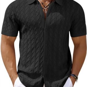 COOFANDY Men’s Knit Short Sleeve Shirts Button Down Vintage Knitted Polo Shirt Casual Beach Crochet Cable Vacation Shirt