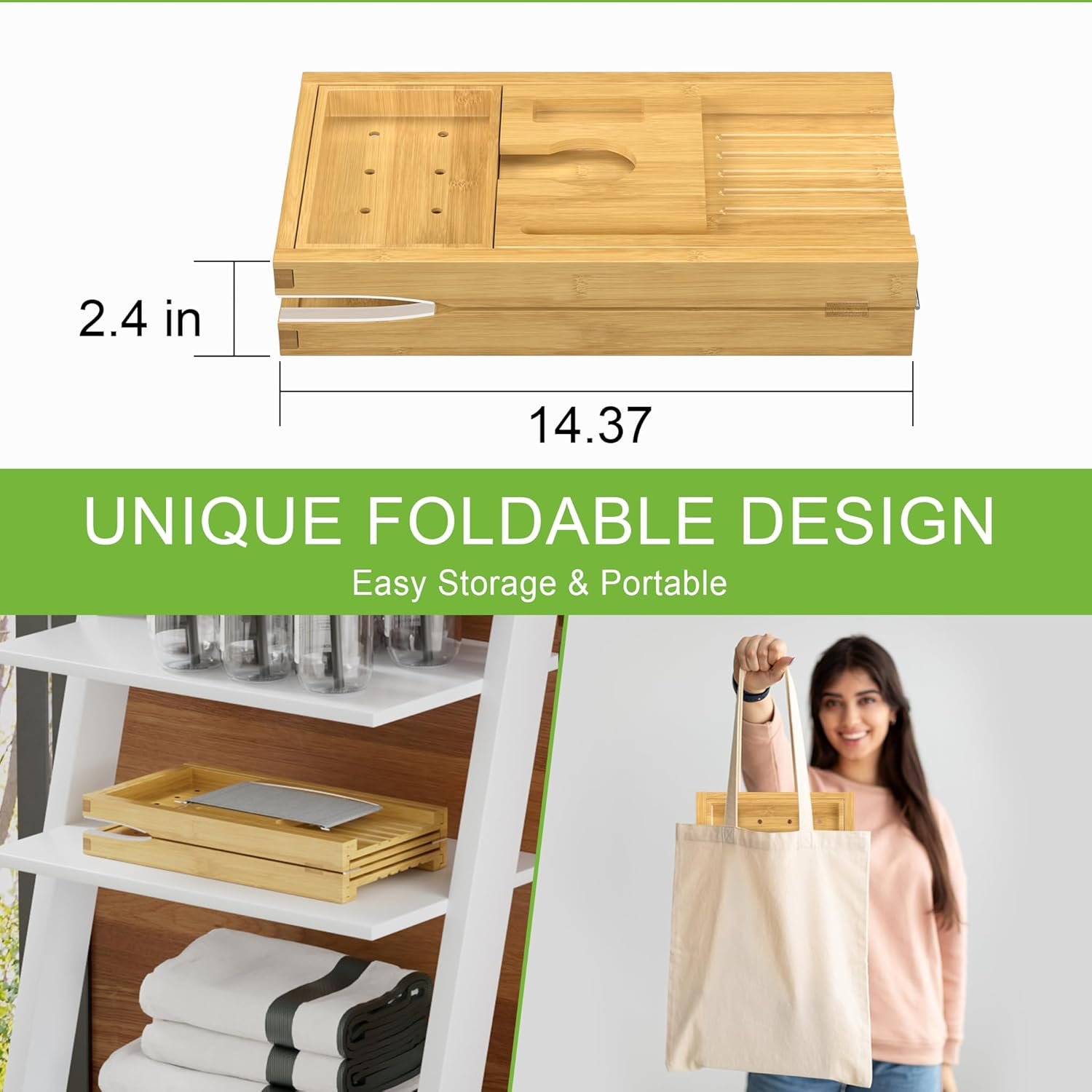 Bathtub Caddy Tray for Tub,Foldable Bath Table Trays,Bamboo Shelf with Book and Wine Glass Holder,Bathroom Accessories Suitable for Luxury Spa or Reading,Natural - Image 4