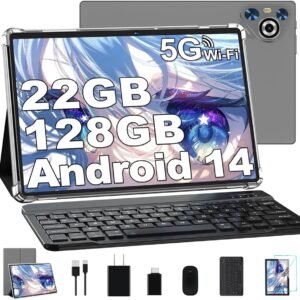 10 Inch Tablet, 22GB RAM+128GB ROM+1TB Expand, Android 14 Tablet with Keyboard and Mouse, 8000mAh Battery, 1280×800 IPS Display, Octa-Core CPU, Support BT5.0, GPS, WiFi – Gray