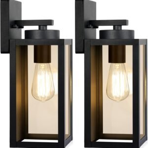 Outdoor Wall Light Fixtures, Exterior Waterproof Wall Lanterns, Porch Sconces Lighting with E26 Sockets & Glass Shades, Modern Matte Black Outside Lights for Patio Front Door Entryway Garage, 2-Pack