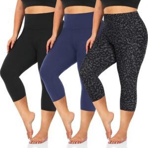 3 Pack Women’s Plus Size Capri Leggings High Waist Tummy Control, Stretchy Yoga Workout Pants (XL-4X) – Spandex Elastic Fit