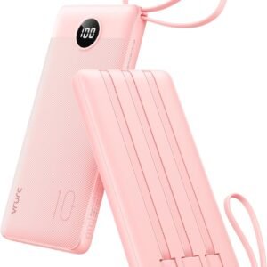 VRURC Portable Charger Power Bank, 10000mAh Travel Essentials Battery Pack, Compact Charging Bank Built-in Cables Cords Compatible with iPhone 17 Pro 17 16 15 14 13, Samsung Phones-Pink(1 Pack)