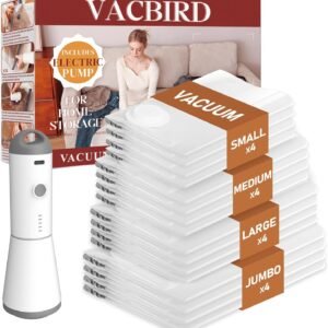 Vacbird Vacuum Seal Bags for Clothing, 16 Pack Vacuum Storage Bags with Rechargeable Cordless Air Pump(4J+4L+4M+4S), Space Saver Bags for Clothes Blanket Duvets Pillows Comforters Travel