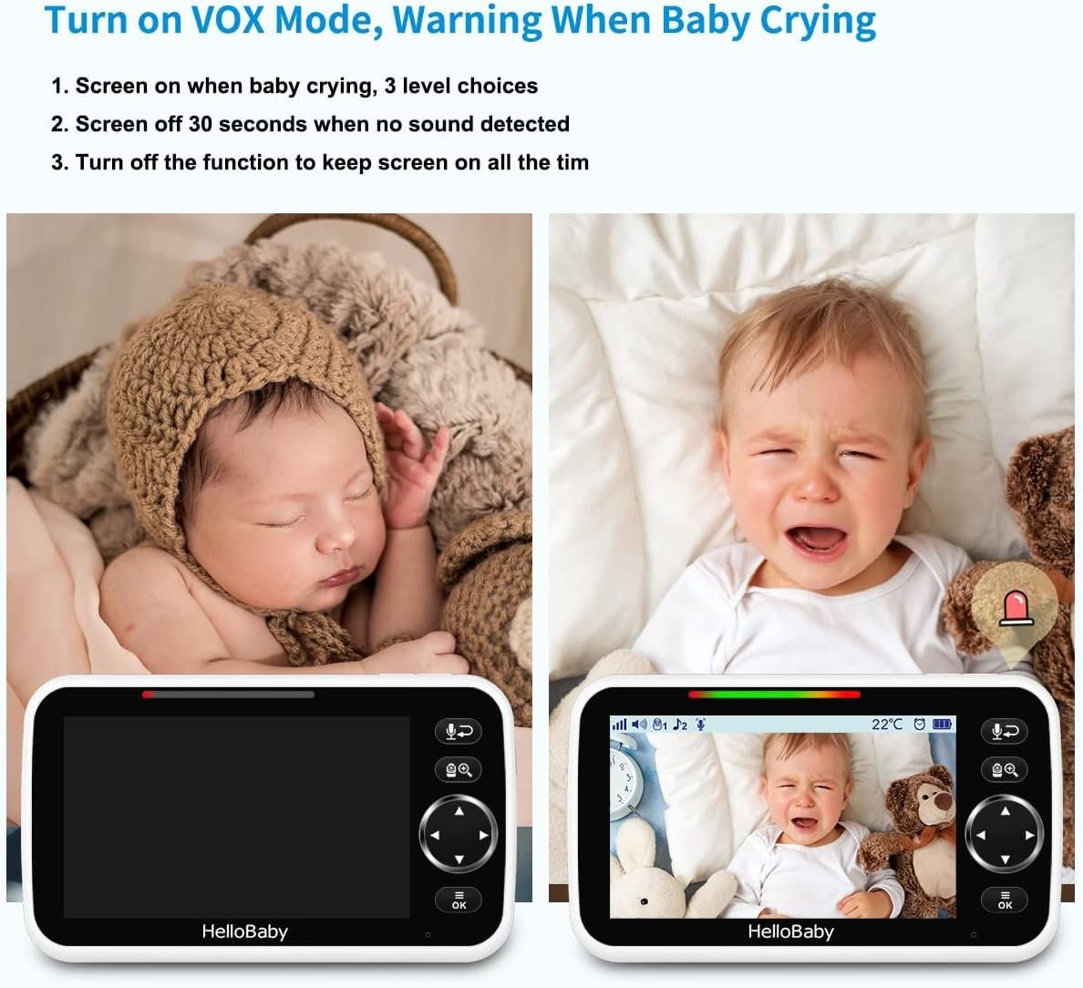 HelloBaby No WiFi Baby Monitor 5" Screen 30-Hour Battery Pan-Tilt-Zoom Video Upgrade with Camera and Audio, Night Vision, VOX, 2-Way Talk, 8 Lullabies and 1000ft Range, HB6550 - Image 5