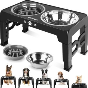 Jovrun Elevated Dog Bowls for Medium Large Size Dogs, Non-Slip Dog Feeder with 1*Stainless Steel Dishes & 1*Slow Feeder Bowl, 5 Heights Adjustable Raised Bowls to 3.15″-8.66″-9.84″-11.02″-12.2″