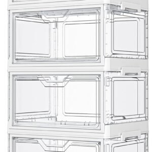 Kmiectse Clear Storage Bins with Lids – 4 Tier Plastic Bins with Wheels, Stackable Storage Bin, Closet Organizers Box for Bedroom, Living Room, 23 QT Folding Box with Magnetic door