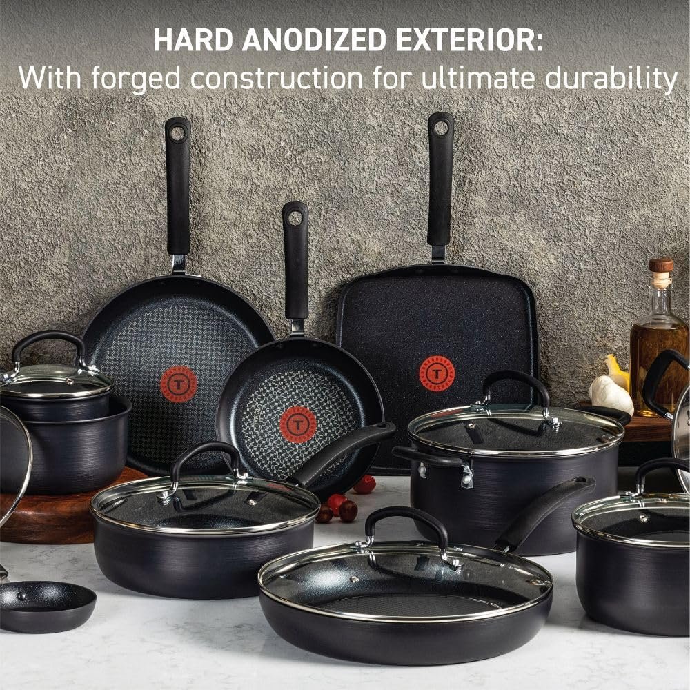 T-Fal Ultimate Hard Anodized Nonstick Pots and Pans Set 17 Piece, Nonstick Cookware Set with Fry Pan, Saucepans, Saute-Pan, Griddle, Dishwasher Safe, Onyx - Image 3