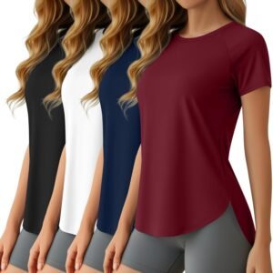 Oakgarden 4 Pack Women’s Workout Tops Short Sleeve Shirts UV Protection Quick Dry Side Slits Athletic Outfits for Running
