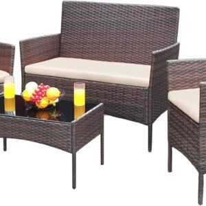 Greesum Patio Furniture 4 Pieces Conversation Sets Outdoor Wicker Rattan Chairs Garden Backyard Balcony Porch Poolside loveseat with Soft Cushion and Glass Table, Brown and Beige
