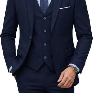 YND Men’s 3 Piece Suit Set with Tie, 2 Button Slim Fit Solid Blazer Jacket Vest Pants, Business Wedding Party Suits for Men