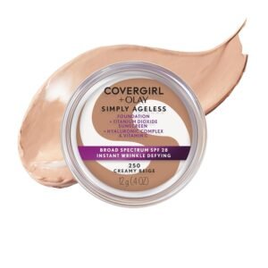 COVERGIRL Simply Ageless Instant Wrinkle Defying Foundation, SPF 28, Hyaluronic Complex & Vitamin C – 250 Creamy Beige, Pack of 1