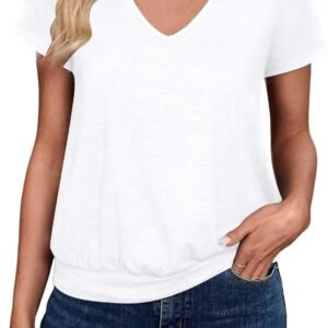 Sialois Short Sleeve Women T Shirts V Neck Tops Fashion Banded Bottom Tops Summer Spring Outfits Beach Vacation Clothes 2026