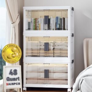 OlarHike 144QT Lockable Storage Bins with Lids – Folding Storage Cabinet with Doors and Wheels, Collapsible Plastic Box for Closets, Office, Stackable Organizer and Containers, Gifts, 3 Pack Cubes