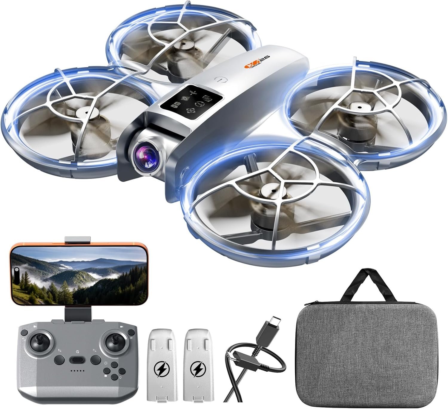 Drone with Camera - RC Quadcopter for Kids & Adults Beginners, with One Key Takeoff/Landing, Altitude Hold, Headless Mode, 3D Flip & Trajectory Flight, 3-Speed Mode, 2 Rechargeable Batteries & Carrying Case, Gray