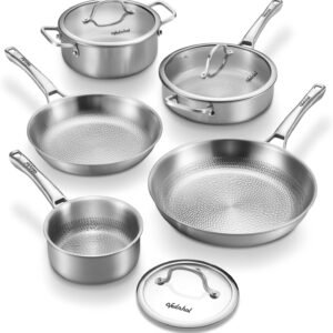 Titanium Pans set, 8 Pcs Pure Titanium Hammered Pro with Lids, Non Stick Skillet for Cooking, Non-Toxic, PFAS/PFOA/PTFE Free Cookware, Dishwasher&Oven Safe, Kitchen Induction Compatible