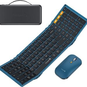 ProtoArc Foldable Keyboard and Mouse, XKM01 True Full-Size Folding Wireless Keyboard Mouse Combo for Business Travel, a Portable Office Suite On-The-Go, Compatible with Laptop iPad Tablet – Blue