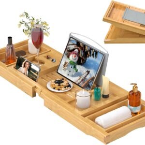 Bathtub Caddy Tray for Tub,Foldable Bath Table Trays,Bamboo Shelf with Book and Wine Glass Holder,Bathroom Accessories Suitable for Luxury Spa or Reading,Natural