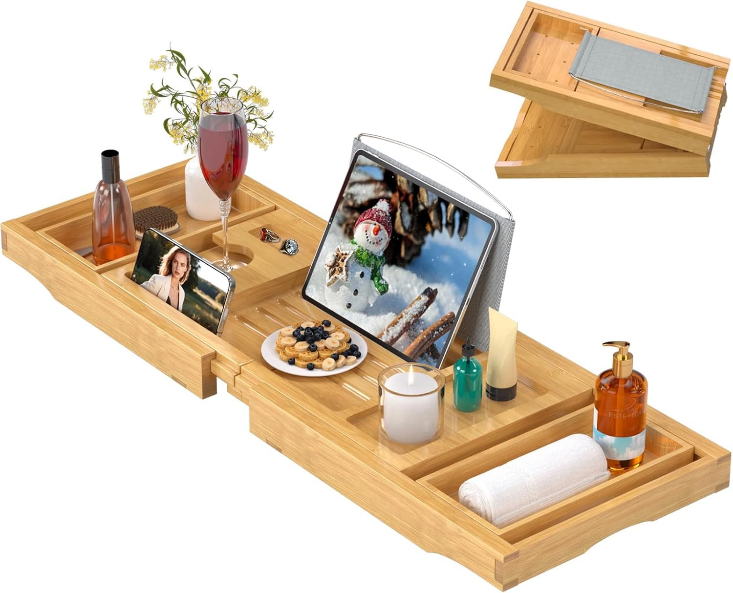 Bathtub Caddy Tray for Tub,Foldable Bath Table Trays,Bamboo Shelf with Book and Wine Glass Holder,Bathroom Accessories Suitable for Luxury Spa or Reading,Natural